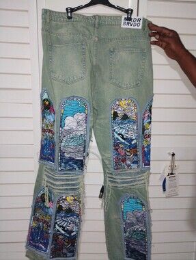 Who Decides War X Bravado Painted Patchwork Stained Glass Panel Distressed Jeans